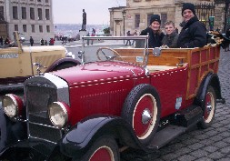 Trevor Tracey and Sebastian in the old car
