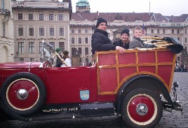 Trevor Tracey and Sebastian in the old car